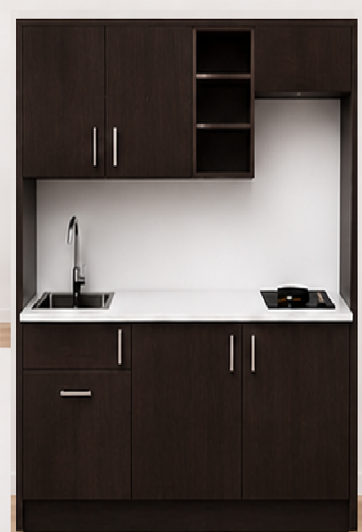 Intrahome Studio160Pro12 Πολυκουζινάκι 144cm, ύψος 220cm, βάθος 50cm, wenge μοριοσανίδα 16mm, πάγκος 32mm, μικρή inox γούρνα αριστερά, εστία 2 ματιών δεξιά, σχέδιο Pro. Intrahome-polikou3387648666