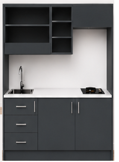 Intrahome Studio160Storage02 Πολυκουζινάκι 145cm, ύψος 220cm, βάθος 50cm, ανθρακί μοριοσανίδα 16mm, πάγκος 32mm, μικρή inox γούρνα αριστερά, εστία 2 ματιών δεξιά, σχέδιο Storage. Intrahome-polikou1287647671