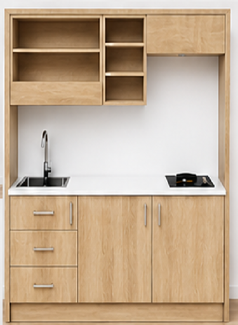 Intrahome Studio160Storage02 Πολυκουζινάκι 145cm, ύψος 220cm, βάθος 50cm, sonoma - δρυς μοριοσανίδα 16mm, πάγκος 32mm, μικρή inox γούρνα αριστερά, εστία 2 ματιών δεξιά, σχέδιο Storage. Intrahome-polikou6587647671