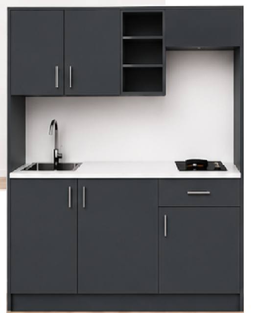 Intrahome Studio170Airbnb07 Πολυκουζινάκι 163cm, ύψος 220cm, βάθος 50cm, ανθρακί μοριοσανίδα 16mm, πάγκος 32mm, μικρή inox γούρνα αριστερά, εστία 2 ματιών δεξιά, σχέδιο Airbnb. Intrahome-polikou1287649061