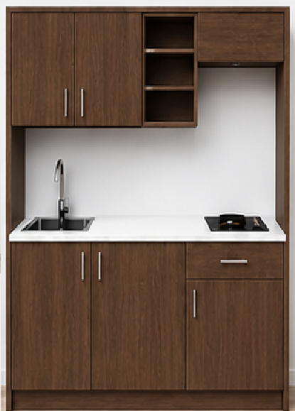 Intrahome Studio170Airbnb07 Πολυκουζινάκι 166cm, ύψος 205cm, βάθος 50cm, καρυδι μοριοσανίδα 16mm, πάγκος 32mm, μικρή inox γούρνα αριστερά, εστία 2 ματιών δεξιά, σχέδιο Airbnb. Intrahome-polikou2287649073