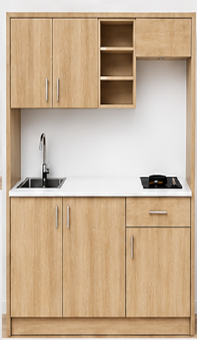 Intrahome Studio170Airbnb07 Πολυκουζινάκι 163cm, ύψος 220cm, βάθος 50cm, sonoma - δρυς μοριοσανίδα 16mm, πάγκος 32mm, μικρή inox γούρνα αριστερά, εστία 2 ματιών δεξιά, σχέδιο Airbnb. Intrahome-polikou6587649061