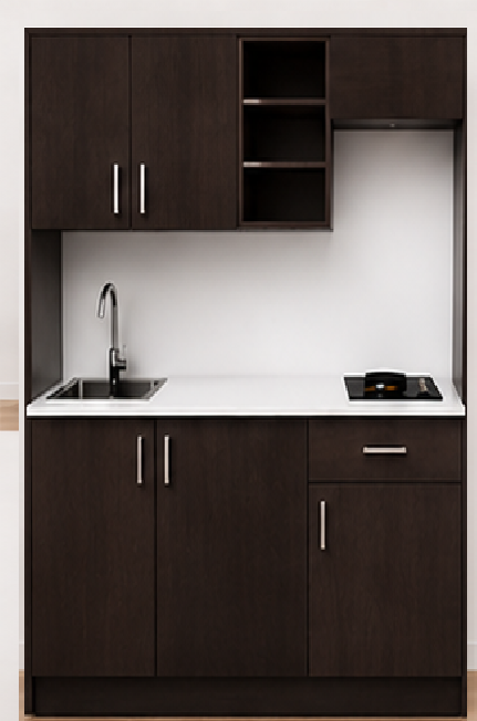 Intrahome Studio170Airbnb07 Πολυκουζινάκι 166cm, ύψος 205cm, βάθος 50cm, wenge μοριοσανίδα 16mm, πάγκος 32mm, μικρή inox γούρνα αριστερά, εστία 2 ματιών δεξιά, σχέδιο Airbnb. Intrahome-polikou3387649073