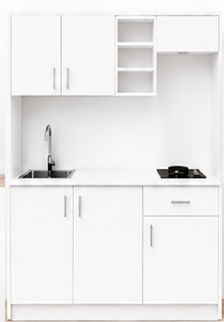 Intrahome Studio170Airbnb07 Πολυκουζινάκι 163cm, ύψος 220cm, βάθος 50cm, λευκή μελαμίνη 16mm, πάγκος 32mm, μικρή inox γούρνα αριστερά, εστία 2 ματιών δεξιά, σχέδιο Airbnb. Intrahome-polikou87649061