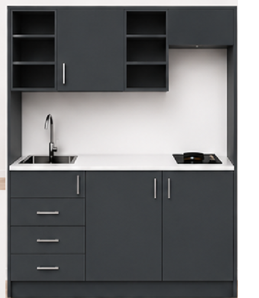 Intrahome Studio170Classic01 Πολυκουζινάκι 163cm, ύψος 220cm, βάθος 50cm, ανθρακί μοριοσανίδα 16mm, πάγκος 32mm, μικρή inox γούρνα αριστερά, εστία 2 ματιών δεξιά, σχέδιο Classic. Intrahome-polikou1287648761