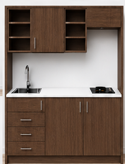Intrahome Studio170Classic01 Πολυκουζινάκι 163cm, ύψος 220cm, βάθος 50cm, καρυδι μοριοσανίδα 16mm, πάγκος 32mm, μικρή inox γούρνα αριστερά, εστία 2 ματιών δεξιά, σχέδιο Classic. Intrahome-polikou2287648761
