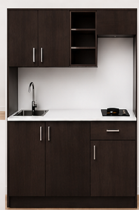Intrahome Studio170Classic01 Πολυκουζινάκι 166cm, ύψος 205cm, βάθος 50cm, wenge μοριοσανίδα 16mm, πάγκος 32mm, μικρή inox γούρνα αριστερά, εστία 2 ματιών δεξιά, σχέδιο Classic. Intrahome-polikou3387648773