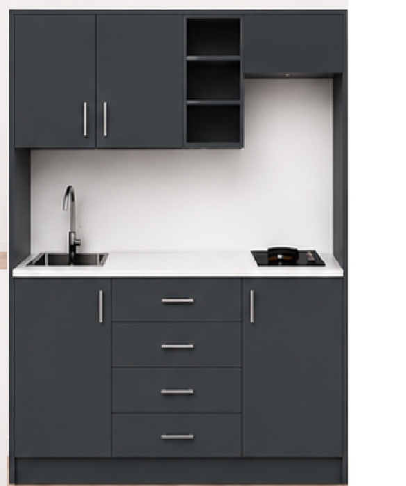 Intrahome Studio170Compact05 Πολυκουζινάκι 163cm, ύψος 220cm, βάθος 50cm, ανθρακί μοριοσανίδα 16mm, πάγκος 32mm, μικρή inox γούρνα αριστερά, εστία 2 ματιών δεξιά, σχέδιο Compact. Intrahome-polikou1287648961