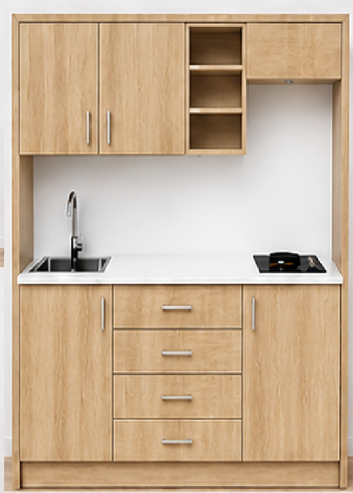 Intrahome Studio170Compact05 Πολυκουζινάκι 163cm, ύψος 220cm, βάθος 50cm, sonoma - δρυς μοριοσανίδα 16mm, πάγκος 32mm, μικρή inox γούρνα αριστερά, εστία 2 ματιών δεξιά, σχέδιο Compact. Intrahome-polikou6587648961