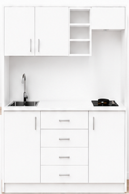 Intrahome Studio170Compact05 Πολυκουζινάκι 163cm, ύψος 220cm, βάθος 50cm, λευκή μελαμίνη 16mm, πάγκος 32mm, μικρή inox γούρνα αριστερά, εστία 2 ματιών δεξιά, σχέδιο Compact. Intrahome-polikou87648961