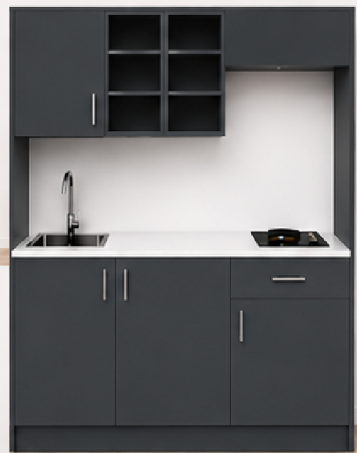 Intrahome Studio170Drawer03 Πολυκουζινάκι 163cm, ύψος 220cm, βάθος 50cm, ανθρακί μοριοσανίδα 16mm, πάγκος 32mm, μικρή inox γούρνα αριστερά, εστία 2 ματιών δεξιά, σχέδιο Drawer. Intrahome-polikou1287648861