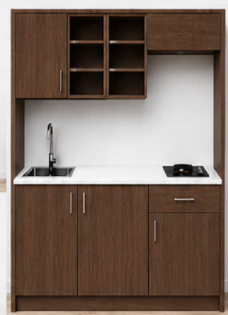 Intrahome Studio170Drawer03 Πολυκουζινάκι 163cm, ύψος 220cm, βάθος 50cm, καρυδι μοριοσανίδα 16mm, πάγκος 32mm, μικρή inox γούρνα αριστερά, εστία 2 ματιών δεξιά, σχέδιο Drawer. Intrahome-polikou2287648861