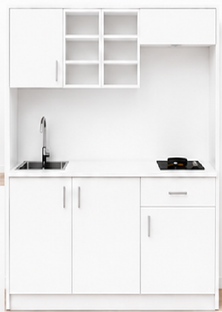 Intrahome Studio170Drawer03 Πολυκουζινάκι 163cm, ύψος 220cm, βάθος 50cm, λευκή μελαμίνη 16mm, πάγκος 32mm, μικρή inox γούρνα αριστερά, εστία 2 ματιών δεξιά, σχέδιο Drawer. Intrahome-polikou87648861