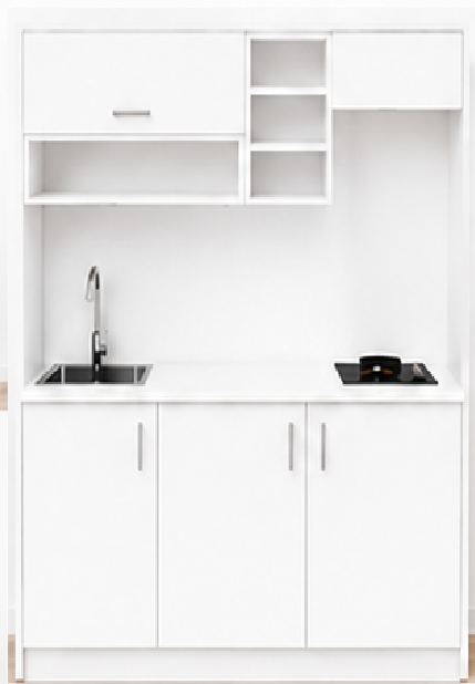 Intrahome Studio170Elite11 Πολυκουζινάκι 163cm, ύψος 220cm, βάθος 50cm, λευκή μελαμίνη 16mm, πάγκος 32mm, μικρή inox γούρνα αριστερά, εστία 2 ματιών δεξιά, σχέδιο Elite. Intrahome-polikou87649261