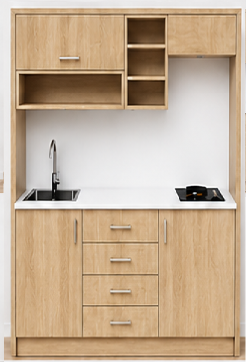 Intrahome Studio170Flex10 Πολυκουζινάκι 163cm, ύψος 220cm, βάθος 50cm, sonoma - δρυς μοριοσανίδα 16mm, πάγκος 32mm, μικρή inox γούρνα αριστερά, εστία 2 ματιών δεξιά, σχέδιο Flex. Intrahome-polikou6587649211