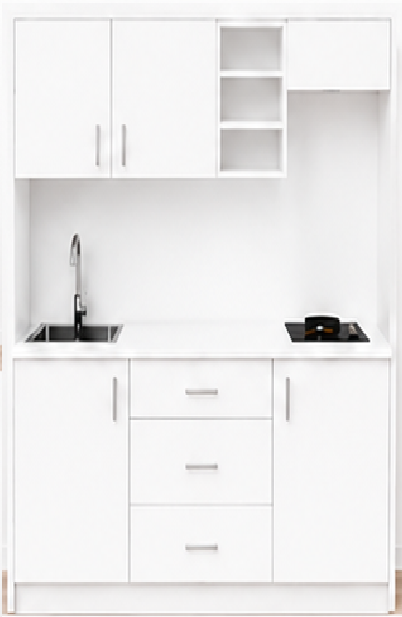 Intrahome Studio170Flex10 Πολυκουζινάκι 163cm, ύψος 220cm, βάθος 50cm, λευκή μελαμίνη 16mm, πάγκος 32mm, μικρή inox γούρνα αριστερά, εστία 2 ματιών δεξιά, σχέδιο Flex. Intrahome-polikou87649211