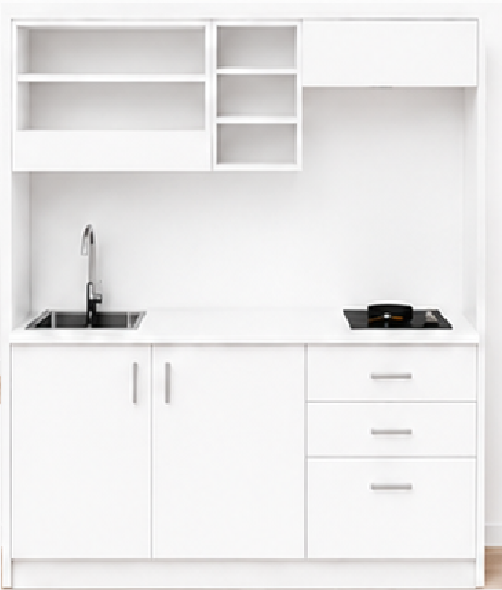 Intrahome Studio170Max08 Πολυκουζινάκι 163cm, ύψος 220cm, βάθος 50cm, λευκή μελαμίνη 16mm, πάγκος 32mm, μικρή inox γούρνα αριστερά, εστία 2 ματιών δεξιά, σχέδιο Max. Intrahome-polikou87649111