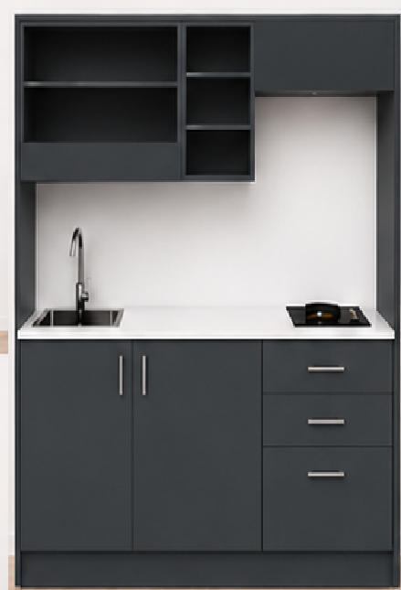 Intrahome Studio170Plus06 Πολυκουζινάκι 163cm, ύψος 220cm, βάθος 50cm, ανθρακί μοριοσανίδα 16mm, πάγκος 32mm, μικρή inox γούρνα αριστερά, εστία 2 ματιών δεξιά, σχέδιο Plus. Intrahome-polikou1287649011