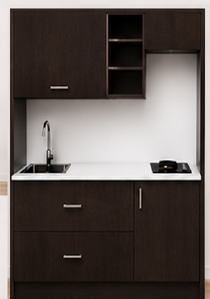 Intrahome Studio170Plus06 Πολυκουζινάκι 166cm, ύψος 205cm, βάθος 50cm, wenge μοριοσανίδα 16mm, πάγκος 32mm, μικρή inox γούρνα αριστερά, εστία 2 ματιών δεξιά, σχέδιο Plus. Intrahome-polikou3387649023
