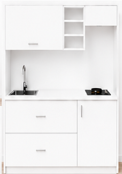Intrahome Studio170Plus06 Πολυκουζινάκι 163cm, ύψος 220cm, βάθος 50cm, λευκή μελαμίνη 16mm, πάγκος 32mm, μικρή inox γούρνα αριστερά, εστία 2 ματιών δεξιά, σχέδιο Plus. Intrahome-polikou87649011