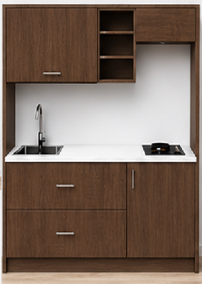 Intrahome Studio170Prime09 Πολυκουζινάκι 166cm, ύψος 205cm, βάθος 50cm, καρυδι μοριοσανίδα 16mm, πάγκος 32mm, μικρή inox γούρνα αριστερά, εστία 2 ματιών δεξιά, σχέδιο Prime. Intrahome-polikou2287649173