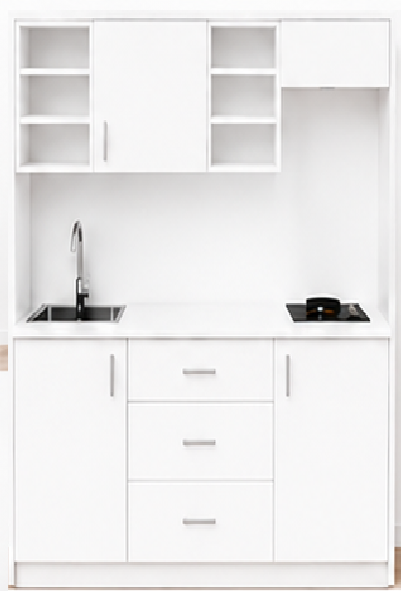 Intrahome Studio170Prime09 Πολυκουζινάκι 163cm, ύψος 220cm, βάθος 50cm, λευκή μελαμίνη 16mm, πάγκος 32mm, μικρή inox γούρνα αριστερά, εστία 2 ματιών δεξιά, σχέδιο Prime. Intrahome-polikou87649161