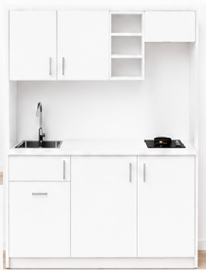 Intrahome Studio170Pro12 Πολυκουζινάκι 163cm, ύψος 220cm, βάθος 50cm, λευκή μελαμίνη 16mm, πάγκος 32mm, μικρή inox γούρνα αριστερά, εστία 2 ματιών δεξιά, σχέδιο Pro. Intrahome-polikou87649311