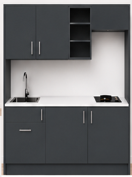 Intrahome Studio170Smart04 Πολυκουζινάκι 163cm, ύψος 220cm, βάθος 50cm, ανθρακί μοριοσανίδα 16mm, πάγκος 32mm, μικρή inox γούρνα αριστερά, εστία 2 ματιών δεξιά, σχέδιο Smart. Intrahome-polikou1287648911