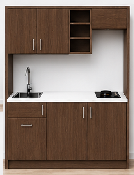 Intrahome Studio170Smart04 Πολυκουζινάκι 163cm, ύψος 220cm, βάθος 50cm, καρυδι μοριοσανίδα 16mm, πάγκος 32mm, μικρή inox γούρνα αριστερά, εστία 2 ματιών δεξιά, σχέδιο Smart. Intrahome-polikou2287648911