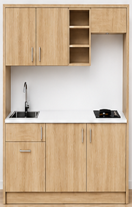 Intrahome Studio170Smart04 Πολυκουζινάκι 163cm, ύψος 220cm, βάθος 50cm, sonoma - δρυς μοριοσανίδα 16mm, πάγκος 32mm, μικρή inox γούρνα αριστερά, εστία 2 ματιών δεξιά, σχέδιο Smart. Intrahome-polikou6587648911