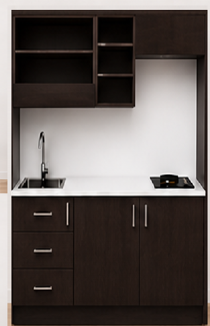 Intrahome Studio170Smart04 Πολυκουζινάκι 166cm, ύψος 205cm, βάθος 50cm, wenge μοριοσανίδα 16mm, πάγκος 32mm, μικρή inox γούρνα αριστερά, εστία 2 ματιών δεξιά, σχέδιο Smart. Intrahome-polikou3387648923
