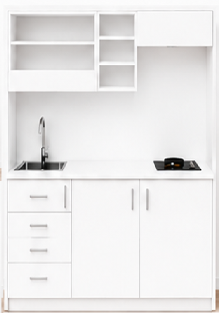 Intrahome Studio170Smart04 Πολυκουζινάκι 163cm, ύψος 220cm, βάθος 50cm, λευκή μελαμίνη 16mm, πάγκος 32mm, μικρή inox γούρνα αριστερά, εστία 2 ματιών δεξιά, σχέδιο Smart. Intrahome-polikou87648911