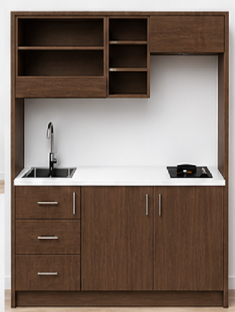 Intrahome Studio170Storage02 Πολυκουζινάκι 163cm, ύψος 220cm, βάθος 50cm, καρυδι μοριοσανίδα 16mm, πάγκος 32mm, μικρή inox γούρνα αριστερά, εστία 2 ματιών δεξιά, σχέδιο Storage. Intrahome-polikou2287648811