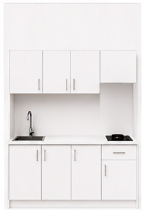Intrahome Studio180Airbnb07 Πολυκουζινάκι 179cm, ύψος 220cm, βάθος 50cm, λευκή μελαμίνη 16mm, πάγκος 32mm, μικρή inox γούρνα αριστερά, εστία 2 ματιών δεξιά, σχέδιο Airbnb. Intrahome-polikou87649691