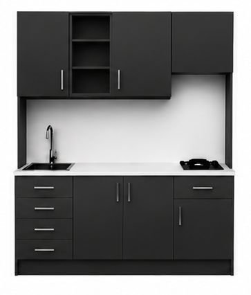 Intrahome Studio180Classic01 Πολυκουζινάκι 179cm, ύψος 220cm, βάθος 50cm, ανθρακί μοριοσανίδα 16mm, πάγκος 32mm, μικρή inox γούρνα αριστερά, εστία 2 ματιών δεξιά, σχέδιο Classic. Intrahome-polikou1287649391