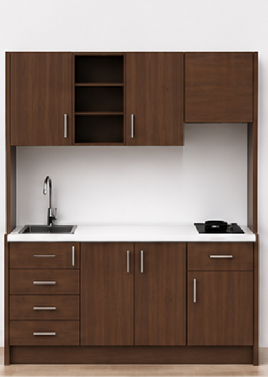 Intrahome Studio180Classic01 Πολυκουζινάκι 179cm, ύψος 220cm, βάθος 50cm, καρυδι μοριοσανίδα 16mm, πάγκος 32mm, μικρή inox γούρνα αριστερά, εστία 2 ματιών δεξιά, σχέδιο Classic. Intrahome-polikou2287649391