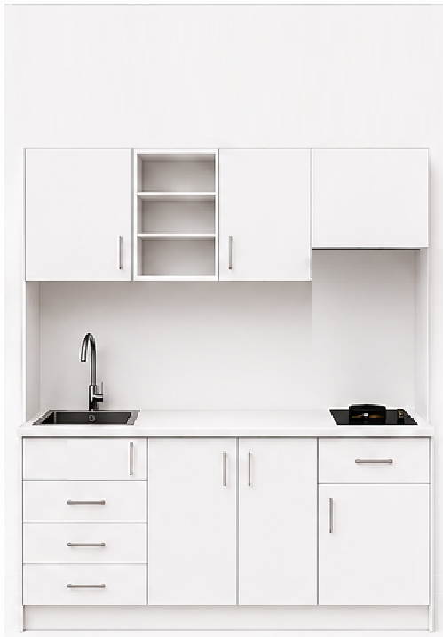 Intrahome Studio180Classic01 Πολυκουζινάκι 179cm, ύψος 220cm, βάθος 50cm, λευκή μελαμίνη 16mm, πάγκος 32mm, μικρή inox γούρνα αριστερά, εστία 2 ματιών δεξιά, σχέδιο Classic. Intrahome-polikou87649391