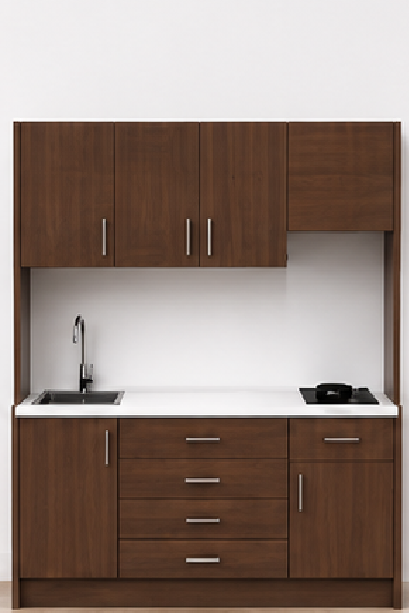 Intrahome Studio180Compact05 Πολυκουζινάκι 172cm, ύψος 205cm, βάθος 50cm, καρυδι μοριοσανίδα 16mm, πάγκος 32mm, μικρή inox γούρνα αριστερά, εστία 2 ματιών δεξιά, σχέδιο Compact. Intrahome-polikou2287649553