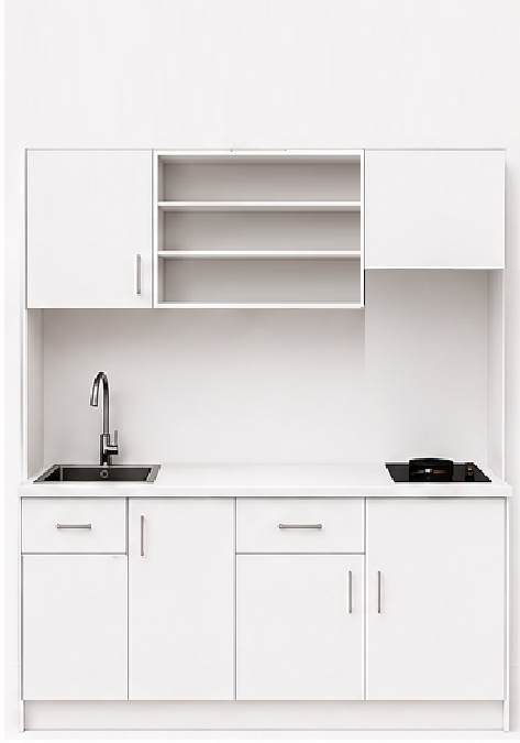 Intrahome Studio180Compact05 Πολυκουζινάκι 179cm, ύψος 220cm, βάθος 50cm, λευκή μελαμίνη 16mm, πάγκος 32mm, μικρή inox γούρνα αριστερά, εστία 2 ματιών δεξιά, σχέδιο Compact. Intrahome-polikou87649591