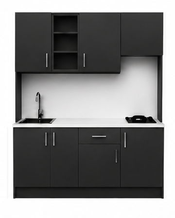 Intrahome Studio180Drawer03 Πολυκουζινάκι 179cm, ύψος 220cm, βάθος 50cm, ανθρακί μοριοσανίδα 16mm, πάγκος 32mm, μικρή inox γούρνα αριστερά, εστία 2 ματιών δεξιά, σχέδιο Drawer. Intrahome-polikou1287649491
