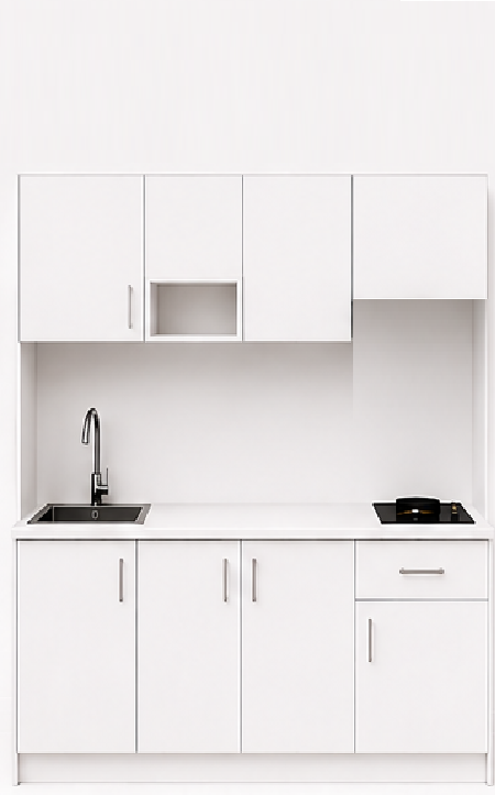 Intrahome Studio180Elite11 Πολυκουζινάκι 179cm, ύψος 220cm, βάθος 50cm, λευκή μελαμίνη 16mm, πάγκος 32mm, μικρή inox γούρνα αριστερά, εστία 2 ματιών δεξιά, σχέδιο Elite. Intrahome-polikou87649891