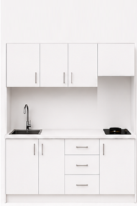 Intrahome Studio180Flex10 Πολυκουζινάκι 179cm, ύψος 220cm, βάθος 50cm, λευκή μελαμίνη 16mm, πάγκος 32mm, μικρή inox γούρνα αριστερά, εστία 2 ματιών δεξιά, σχέδιο Flex. Intrahome-polikou87649841