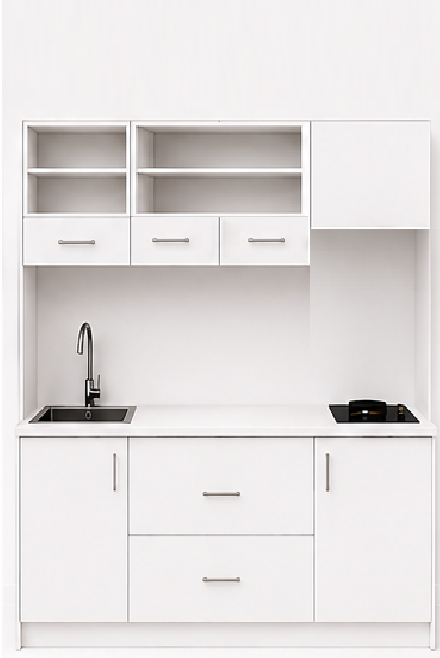 Intrahome Studio180Prime09 Πολυκουζινάκι 179cm, ύψος 220cm, βάθος 50cm, λευκή μελαμίνη 16mm, πάγκος 32mm, μικρή inox γούρνα αριστερά, εστία 2 ματιών δεξιά, σχέδιο Prime. Intrahome-polikou87649791