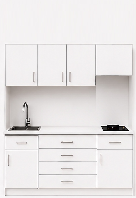 Intrahome Studio180Pro12 Πολυκουζινάκι 179cm, ύψος 220cm, βάθος 50cm, λευκή μελαμίνη 16mm, πάγκος 32mm, μικρή inox γούρνα αριστερά, εστία 2 ματιών δεξιά, σχέδιο Pro. Intrahome-polikou87649941