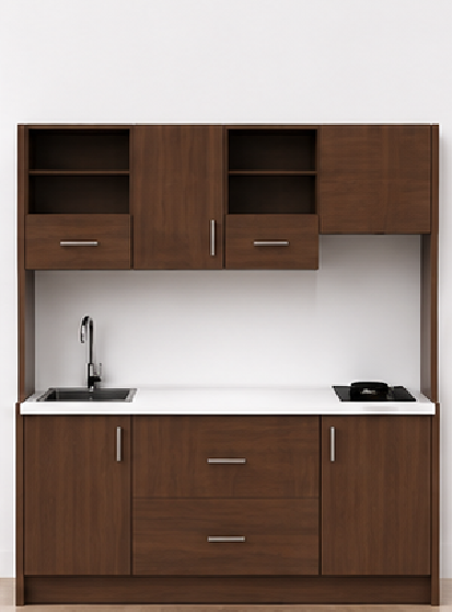 Intrahome Studio180Smart04 Πολυκουζινάκι 179cm, ύψος 220cm, βάθος 50cm, καρυδι μοριοσανίδα 16mm, πάγκος 32mm, μικρή inox γούρνα αριστερά, εστία 2 ματιών δεξιά, σχέδιο Smart. Intrahome-polikou2287649541