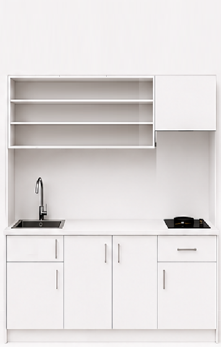 Intrahome Studio180Smart04 Πολυκουζινάκι 179cm, ύψος 220cm, βάθος 50cm, λευκή μελαμίνη 16mm, πάγκος 32mm, μικρή inox γούρνα αριστερά, εστία 2 ματιών δεξιά, σχέδιο Smart. Intrahome-polikou87649541