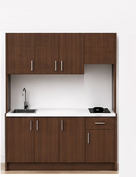 Intrahome Studio200Airbnb07 Πολυκουζινάκι 200cm, ύψος 200cm, βάθος 50cm, καρυδι μοριοσανίδα 16mm, πάγκος 32mm, μικρή inox γούρνα αριστερά, εστία 2 ματιών δεξιά, σχέδιο Airbnb. Intrahome-polikou2287650642