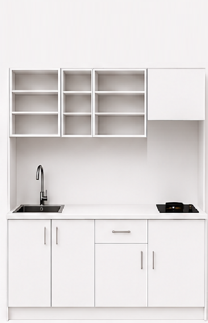 Intrahome Studio200Drawer03 Πολυκουζινάκι 193cm, ύψος 220cm, βάθος 50cm, λευκή μελαμίνη 16mm, πάγκος 32mm, μικρή inox γούρνα αριστερά, εστία 2 ματιών δεξιά, σχέδιο Drawer. Intrahome-polikou87650211