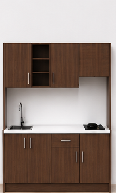 Intrahome Studio200Elite11 Πολυκουζινάκι 200cm, ύψος 200cm, βάθος 50cm, καρυδι μοριοσανίδα 16mm, πάγκος 32mm, μικρή inox γούρνα αριστερά, εστία 2 ματιών δεξιά, σχέδιο Elite. Intrahome-polikou2287651042