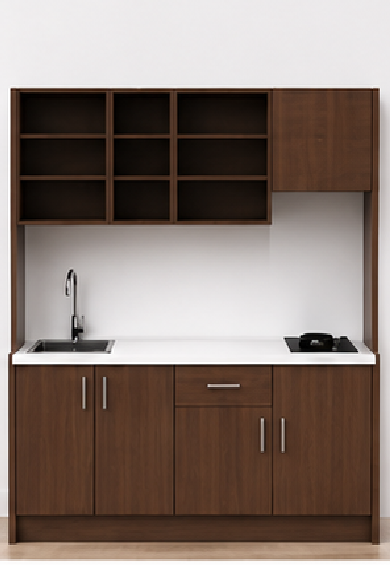 Intrahome Studio200Flex10 Πολυκουζινάκι 200cm, ύψος 200cm, βάθος 50cm, καρυδι μοριοσανίδα 16mm, πάγκος 32mm, μικρή inox γούρνα αριστερά, εστία 2 ματιών δεξιά, σχέδιο Flex. Intrahome-polikou2287650942
